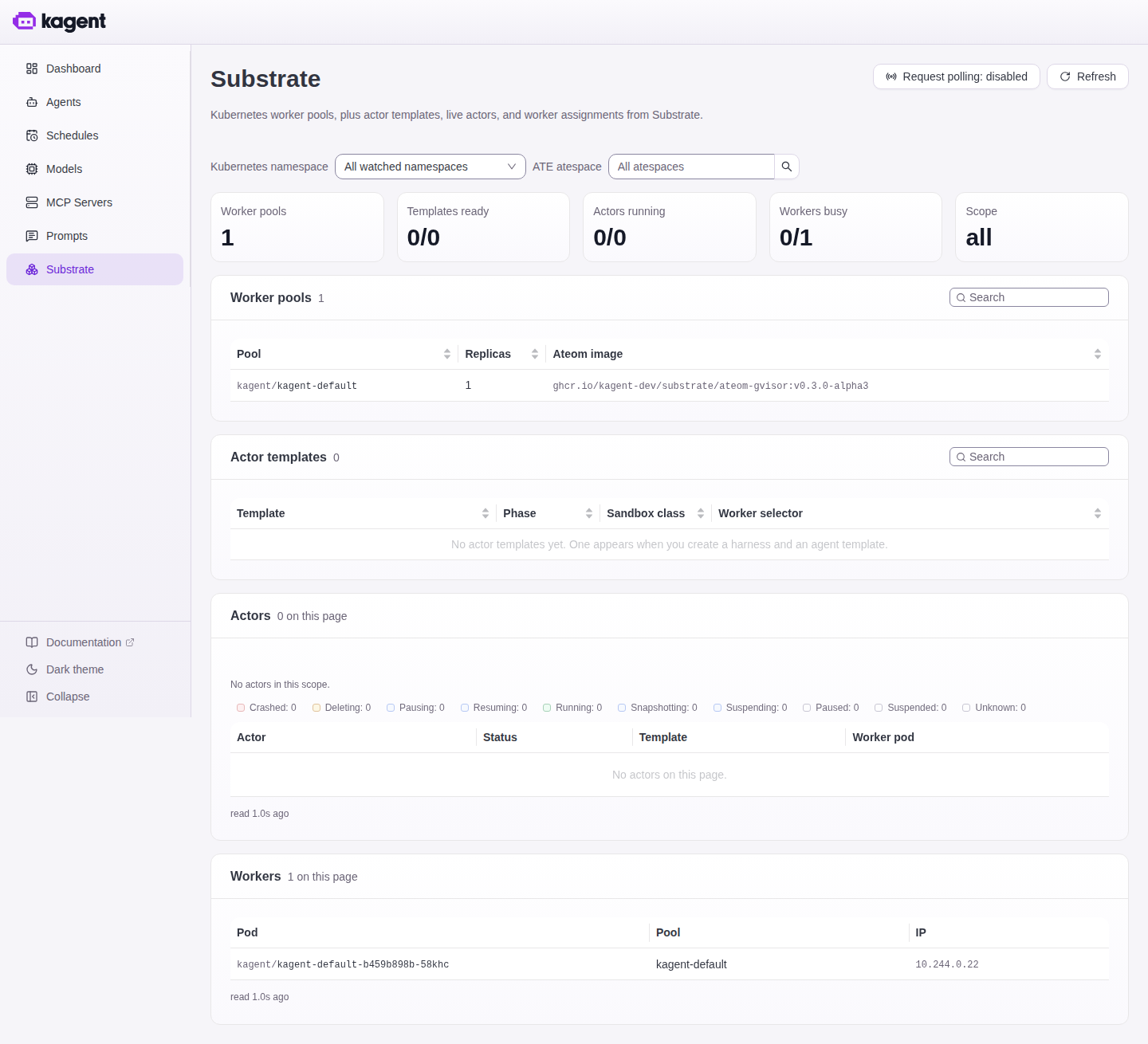 The Substrate page, showing one worker pool and no running actors